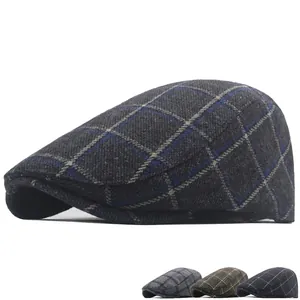 British style checkered wool beret hat for men with adjustable strap for autumn winter
