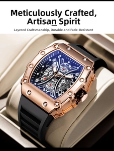 Macro shot of rose gold tonneau watch case with visible skeleton movement and screws