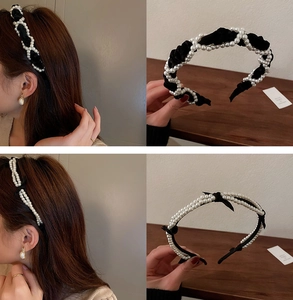 French vintage velvet braided headband with pearls and elegant slim pearl hair hoop