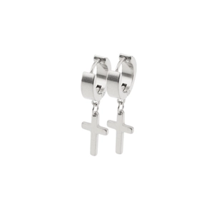 Close-up of polished silver stainless steel hoop earrings with cross pendants