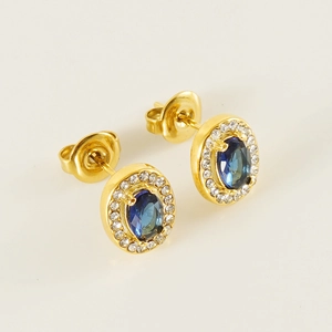 Golden stainless steel oval stud earrings with blue gemstone and diamond halo set