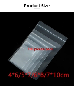 Detail of four sizes of clear thickened PE ziplock bags for jewelry storage