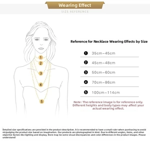 Size reference chart showing necklace length positions from 35cm to 114cm on women