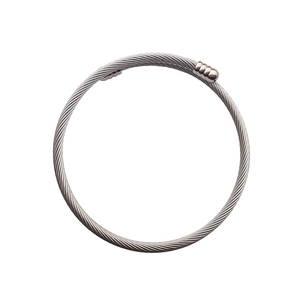 Detailed macro view of the silver stainless steel twisted cable texture on an open bangle