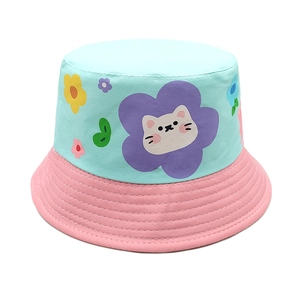 Close-up of color-block kids bucket hat featuring cartoon cat and flower embroidery