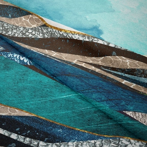 Detailed close-up of mountain pattern wall tapestry with blue, gold and grey textures