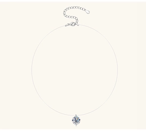 Macro view of S925 sterling silver clasp and moissanite pendant on invisible fishing line