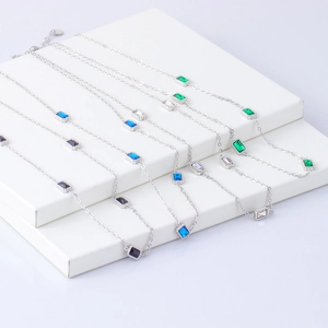 Stainless steel necklaces with rectangle zircon pendants in green blue black and clear