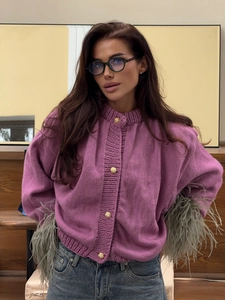 Women Knit Cardigan Sweater Feather Trim Cuffs Gold Buttons Round Neck Chic Autumn Winter Casual Purple Tops