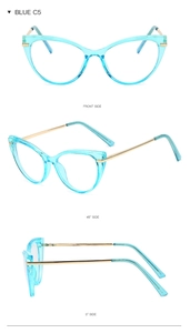Detailed views of transparent blue TR90 cat eye frames with gold metal spring hinges