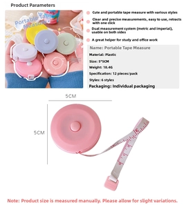 Mini portable tape measure 1.5m showing dimensions 5x5cm and lightweight 18.4g design