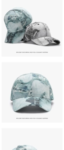 Detail view of denim texture baseball caps in light blue and grey camouflage prints