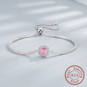 Close-up of S925 sterling silver adjustable bracelet with square pink zircon gemstone