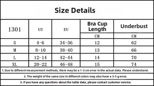 Size guide for lace lingerie set 1301 showing US EU sizes and detailed measurements