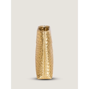 Side view of golden woven texture faux leather handbag with metallic finish details