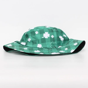 Green checkered bucket hat featuring white shamrock and clover prints for sun protection