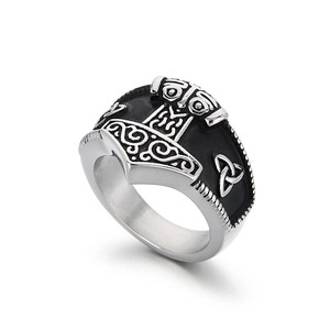 Vintage Viking Mjolnir ring in stainless steel with Nordic runes and Celtic knots