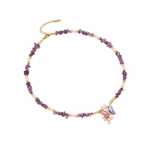 Natural amethyst stone and white bead necklace with a colorful crystal butterfly pendant