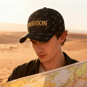 Black baseball cap with gold FASHION embroidery and desert sunset background profile