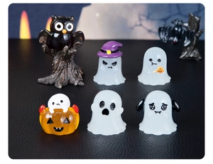 Miniature resin Halloween figurine set featuring glowing owl, ghosts, and pumpkins