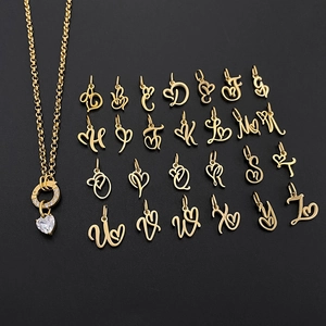 Detailed view of 26 artistic gold heart alphabet pendants and a crystal heart necklace.