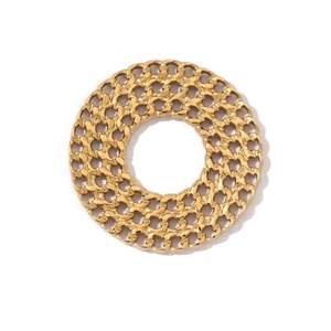 Close-up of golden circular pendant with intricate woven chain texture and metallic luster
