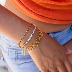 Dreiteiliges vergoldetes Armband-Set mit kubanischer Kette, Sternen und Tennis-Armband