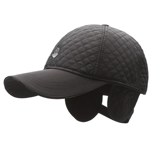 Black quilted winter baseball cap with ear flaps and thermal windproof fabric