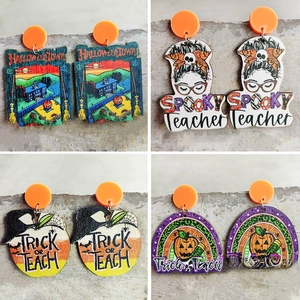 Halloween Wood Acrylic Drop Earrings Earring Post Pumpkin Rainbow Trick Or Teach Spooky Teacher Novelty Festive Jewelry