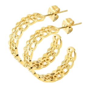 French vintage 18K gold C-shape hoop earrings with hollow-out design on white background