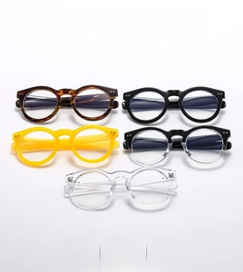 Detail showing five assorted retro round eyeglass frames in tortoiseshell and solid colors
