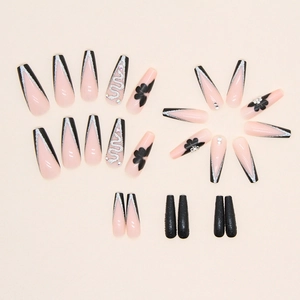 Black and silver snake long ballet press-on nails with glitter French tip design