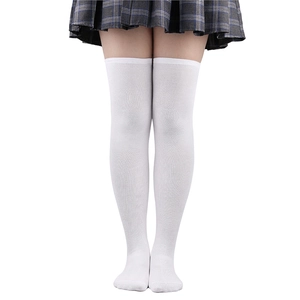 Close-up of white over-the-knee socks showing knit texture and elastic fit on legs