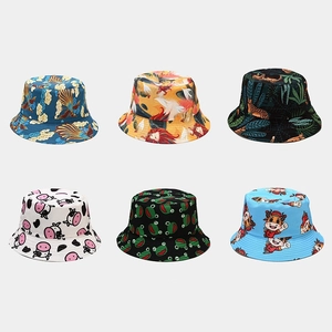 Collage of sun hats with diverse prints like animal patterns and cartoon motifs
