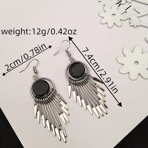 Detailed view of silver tassel earrings with black stone and size specifications