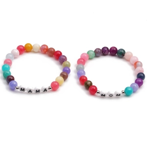 Close-up of colorful agate beaded bracelets featuring MAMA and MOM letter charms