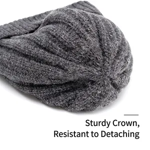 Deep grey chunky knit beanie hat for men showing the sturdy reinforced top stitching detail
