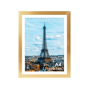 Close-up of golden A4 minimalist PVC photo frame with brushed metal texture, 21x29.7cm