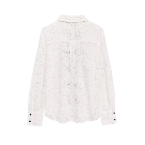 White long-sleeve lace blouse with floral pattern and black cuff buttons, back view