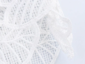 Detailaufnahme von weißem Spitzenstoff mit aufwendiger Stickerei und Mesh-Textur am Kleid