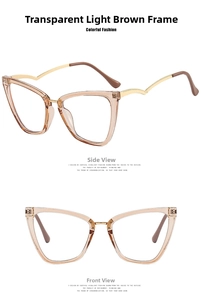 Detailed view of cat-eye glasses frame with wavy gold metal temples and tea-colored rims
