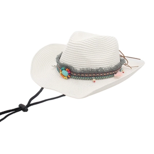 White woven cowboy straw hat with turquoise beads and bohemian tassels for outdoor sun protection