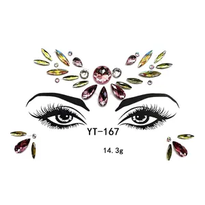 Close-up of YT-167 face gems with pink, green and clear rhinestones for face art decoration