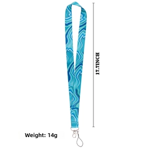 Detail showing blue marble pattern lanyard with metal lobster clasp and 17.7-inch length