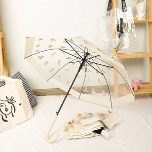 Clear Transparent Umbrella Cute Cat Dog Animal Pattern Dome Shape Windproof Long Handle Folding Automatic Rain Gear
