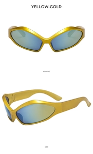 Front and side view of gold futuristic sunglasses with reflective blue lenses and wide legs
