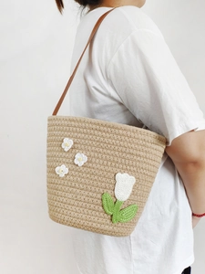 Handmade woven cotton rope tote bag with 3D crochet tulips for a sweet pastoral style