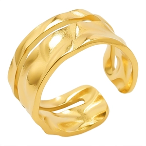 Minimalist adjustable golden stainless steel open ring with irregular wave pattern