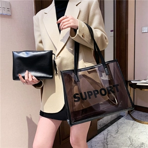 Chic transparent charcoal PVC tote bag with Support text and black leather pouch