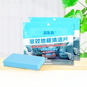 Close-up of 30-piece pack and single sheet of blue multi-effect floor cleaning tiles